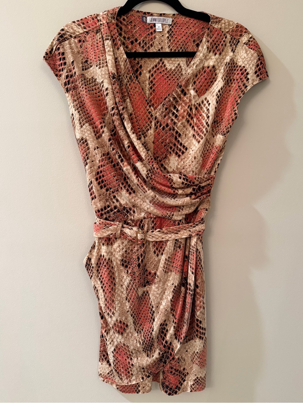 Jennifer Lopez Coral and Beige Snake-Print Wrap Mini Dress